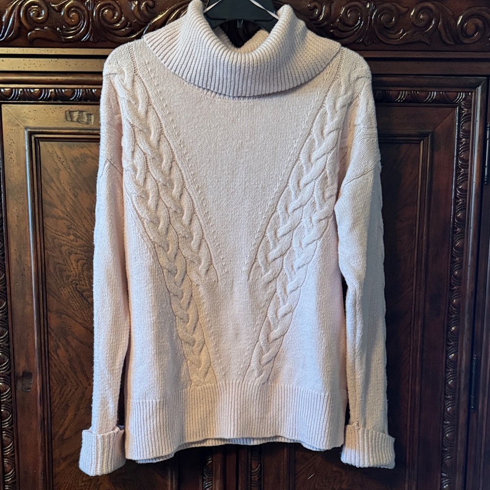 Vince Camuto Cozy Cable Knit Turtleneck Sweater - Light Pink